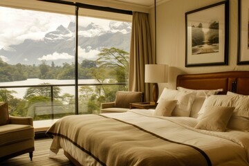Luxurious hotel room with floor to ceiling windows revealing stunning snow capped mountains