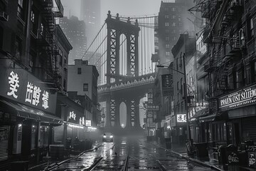 Atmospheric nighttime view of cortlandt alley in chinatown, new york city, in monochrome shades