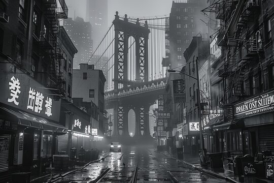 Atmospheric nighttime view of cortlandt alley in chinatown, new york city, in monochrome shades