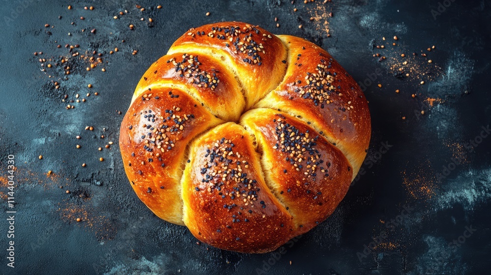 Aufkleber Freshly baked seed-topped bread on dark textured surface showcasing a rustic and appetizing top view presentation