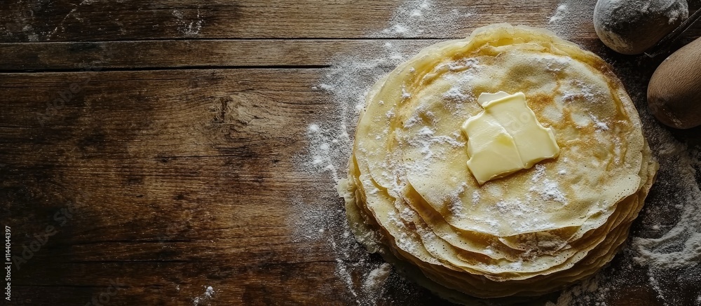 Aufkleber homemade crepes topped with butter on rustic wooden surface perfect for culinary presentations and r