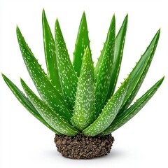 Fototapeta premium A photostock of fresh green aloe vera leaves fanned out symmetrically with visible gel, isolated on a clean white background, crisp and natural, High Quality