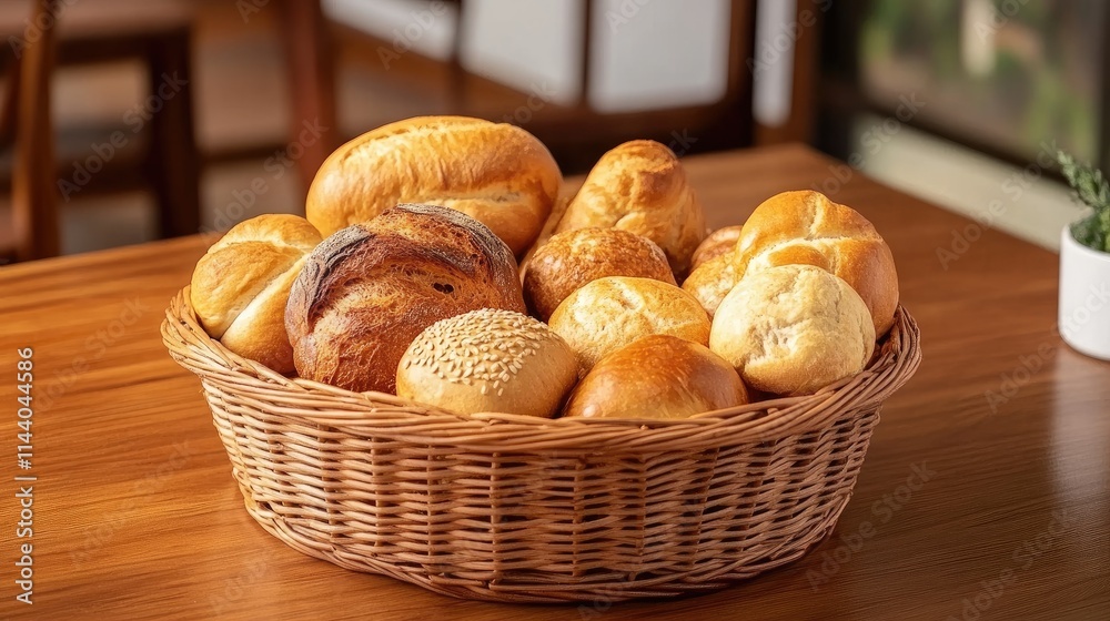 Poster assorted freshly baked bread variety in a wicker basket on a rustic wooden table setting