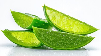 A photostock of fresh green aloe vera leaves sliced to reveal translucent gel, arranged artistically on a clean white background, vibrant and natural, High Quality