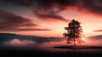 Obraz premium Serene sunset over a calm lake reflecting vibrant colors and a solitary tree near the shore