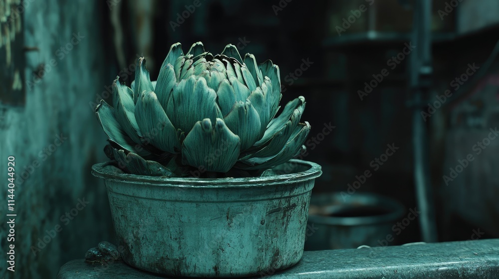 Poster artichoke displayed in rustic container at market with vintage atmosphere highlighting fresh produce