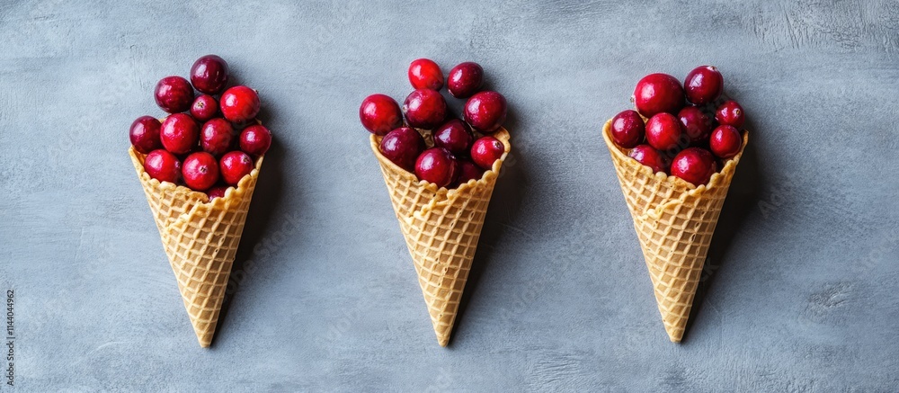 Poster Cranberries arranged in waffle cones on a grey background featuring ample copy space for creative food or holiday-themed designs