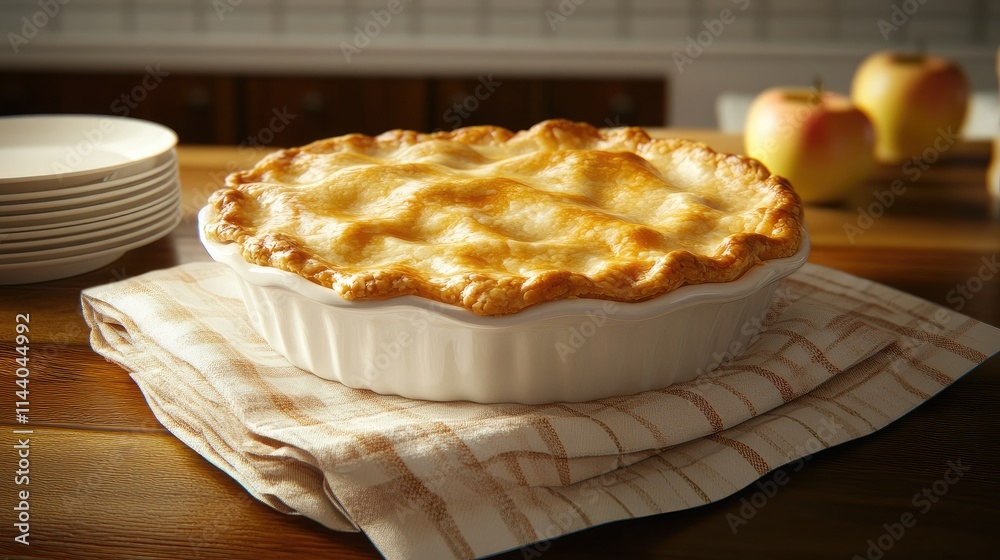Poster Deliciously baked apple pie displayed on a rustic kitchen table with plates and fresh apples in the background