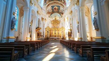 Fototapeta premium Sunlit church interior photo wide shot with ornate gold altar. AI Generated