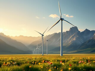 Golden Hour Wind Farm in Scenic Field with Mountain Backdrop