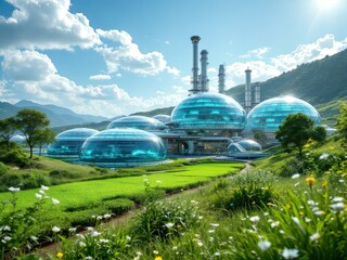 Futuristic Biofuel Production Facility with Algae Harvesting for Sustainable Energy