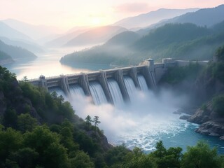 Ultra-Detailed Hydroelectric Dam at Dawn with Misty Mountains