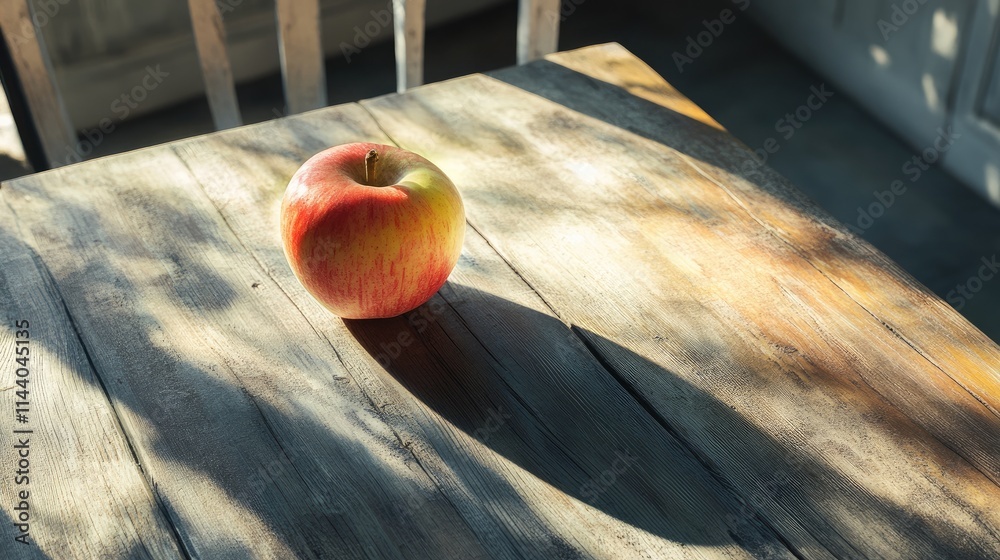 Poster Freshly picked apple casting a shadow on a sunlit wooden table creating a warm and inviting atmosphere in a rustic setting