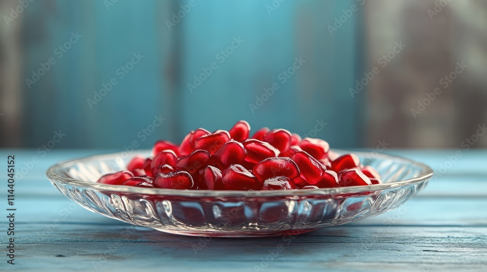 Aufkleber vibrant red pomegranate seeds in a glass plate on a rustic blue wooden background creating an appeal