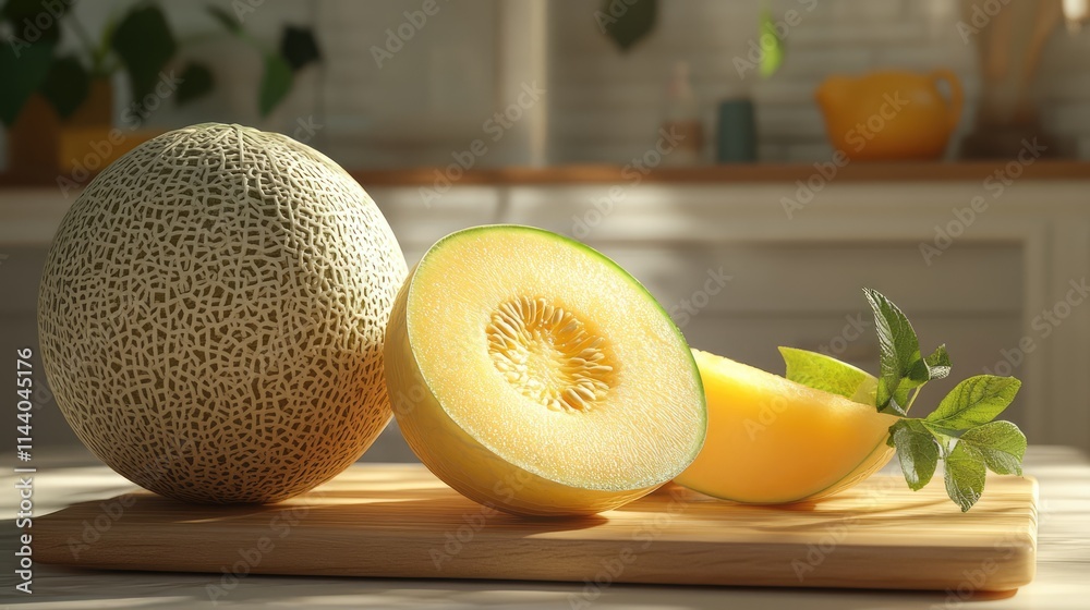 Poster fresh cantaloupe and lemon drop melon slices on a cutting board with greenery for a healthy low calo