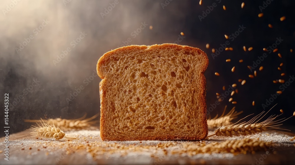 Poster rye bread slice with scattered grains and wheat ears on rustic wooden table background