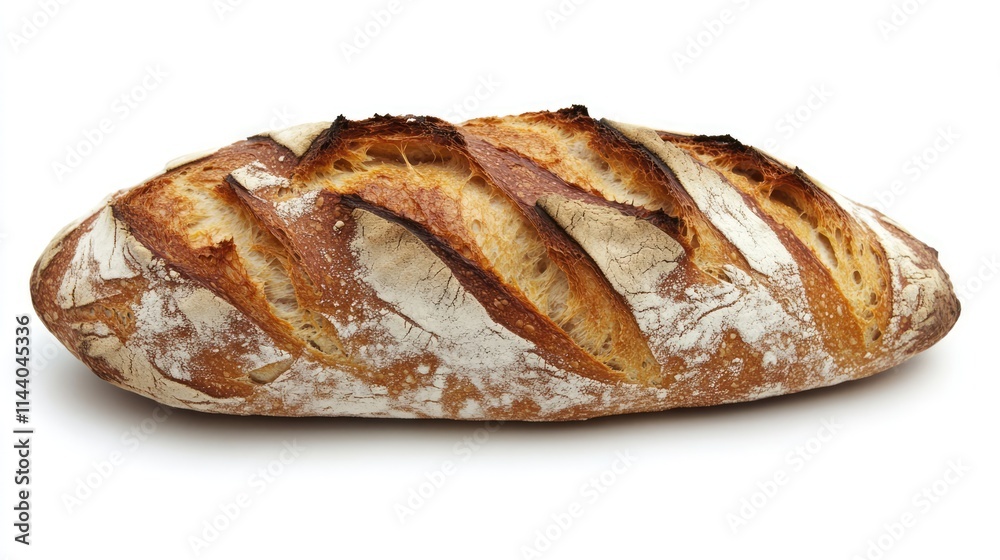 Poster artisan sourdough loaf with crispy crust beautifully presented on a white background showcasing its 