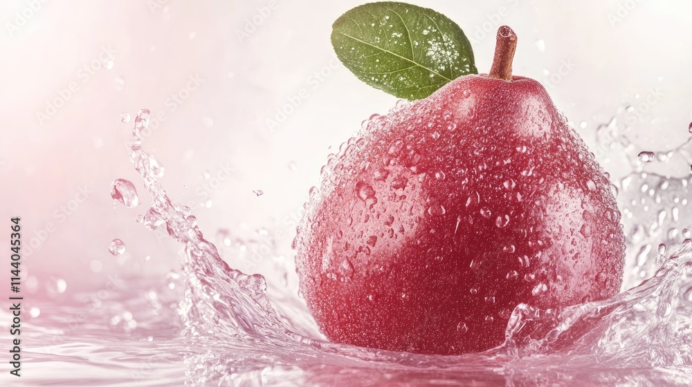 Poster fresh and vibrant red guava splashing in water with droplets and green leaf on soft background for h