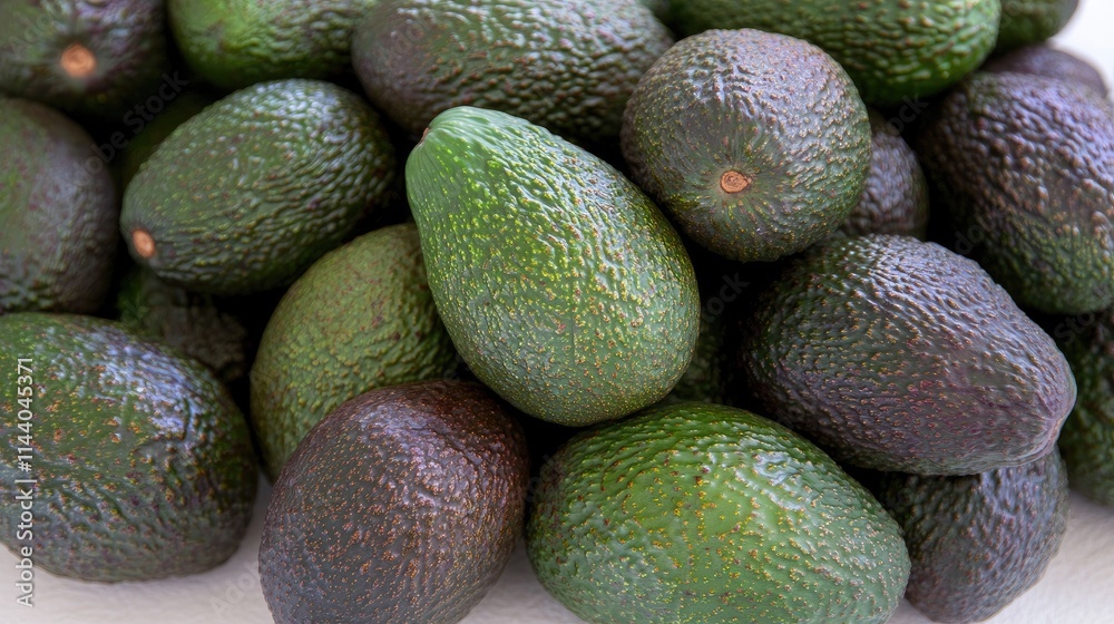 Poster freshly harvested avocados arranged in a flat lay setting showcasing their rich textures and colors 