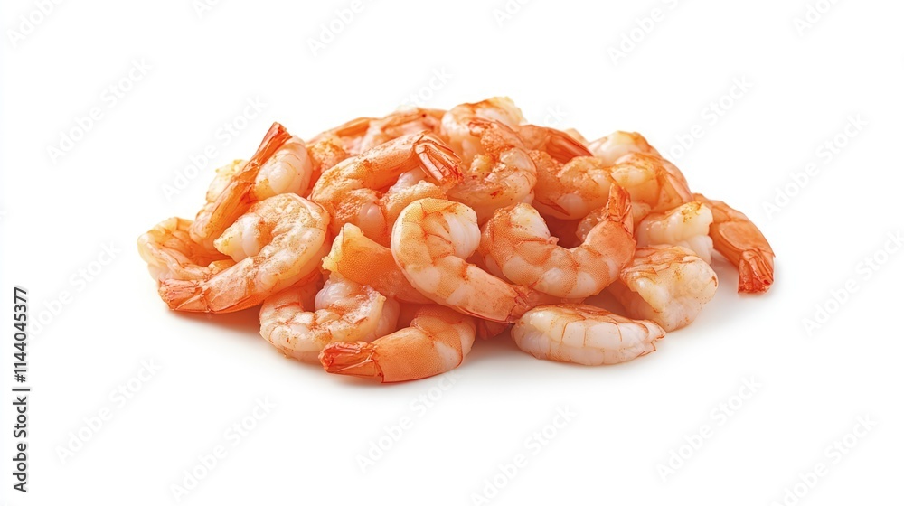 Poster boiled shrimp piled with vibrant spices on a clean white background showcasing seafood freshness and