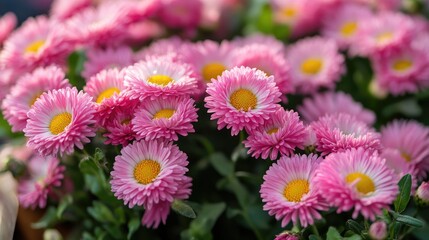 Fototapeta premium Vibrant pink daisy flowers in full bloom showcasing spring's beauty and freshness in a lush garden setting.