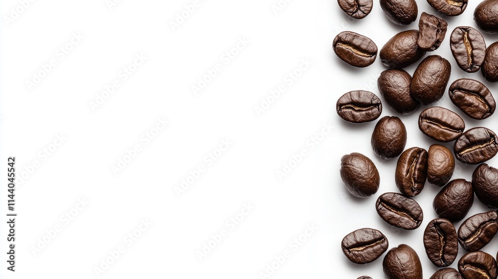 Poster aromatic roasted coffee beans arranged on a white background showcasing their rich color and texture