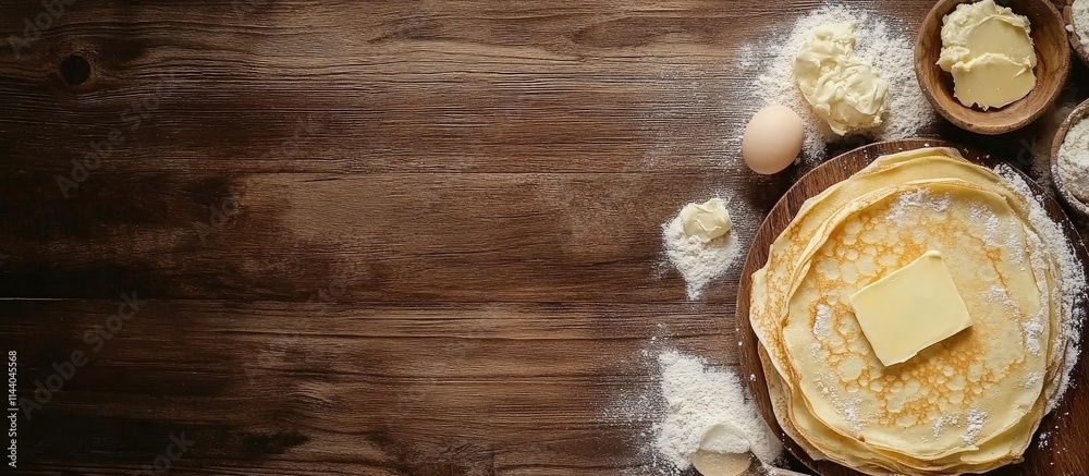 Poster Delicious homemade crepes stacked with butter on a rustic wooden surface with space for text and design elements