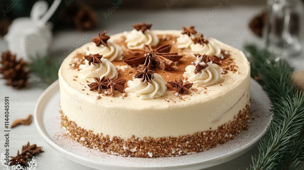 Poster homemade winter spice cake decorated with whipped cream and star anise on a rustic table with spruce