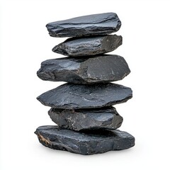 A photostock of glossy black volcanic rocks stacked symmetrically, isolated on a clean white background, rugged and bold, High Quality