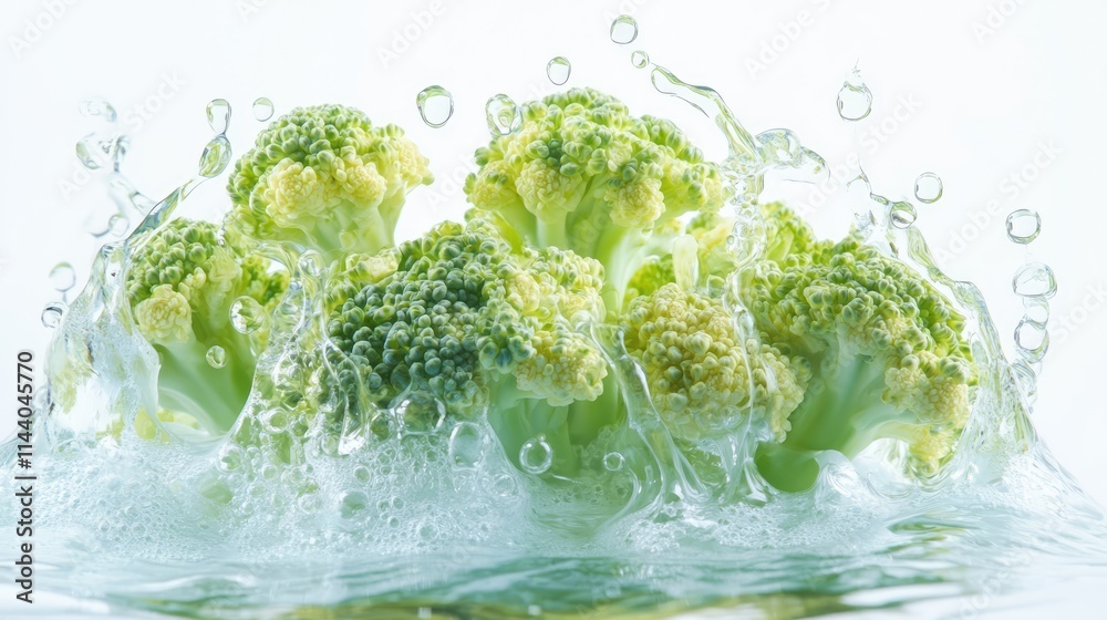 Poster fresh broccoli splashing in water with bubbles on a clean white background showcasing its vibrant co