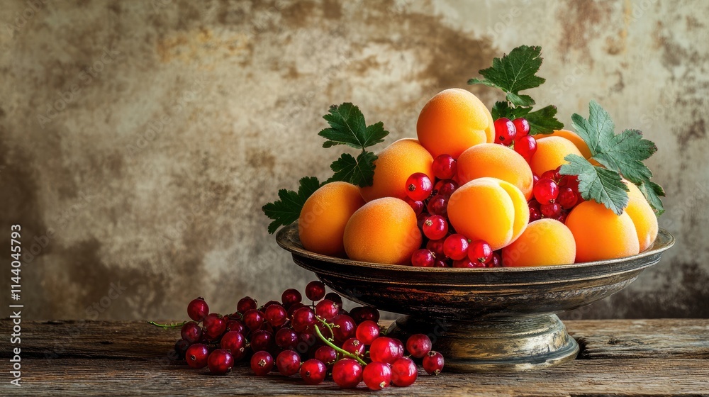 Aufkleber fresh apricots and vibrant red currants arranged in a vintage bowl on rustic wooden background with 
