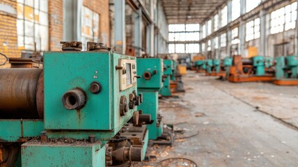 Abandoned industrial workshop with old machinery and equipment.