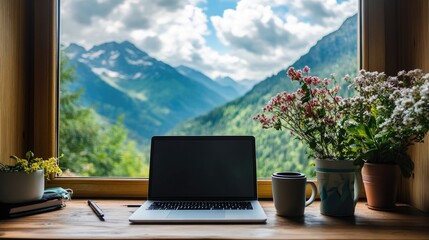 Laptop on wooden desk near window with mountain view and flowers.