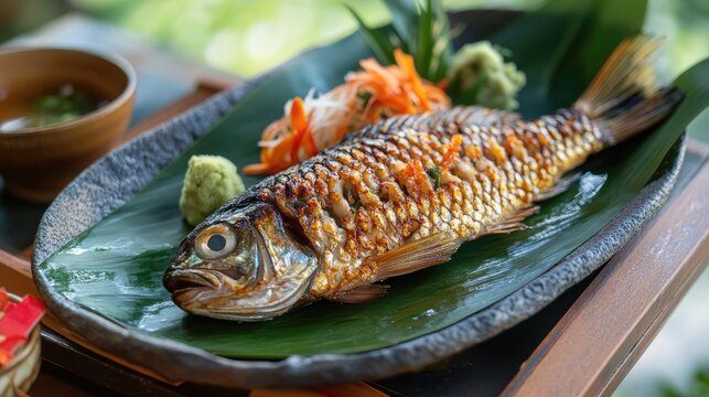 Grilled baulu fish garnished with fresh vegetables and wasabi served on a decorative leaf platter