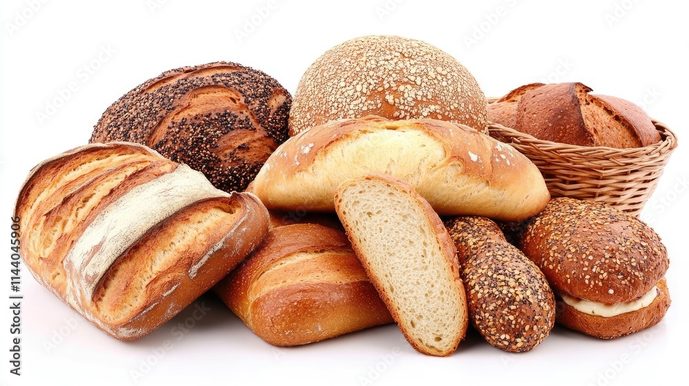 Poster assorted fresh baked artisan bread collection on white background showcasing various textures and sh