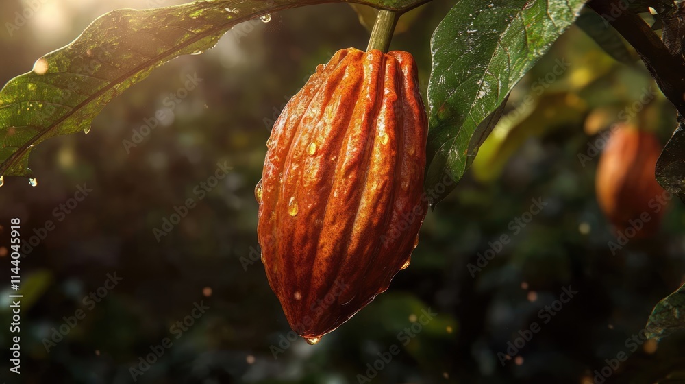 Poster ripe cacao pod hanging on tree branch with sunlight and water droplets in tropical setting showcasin