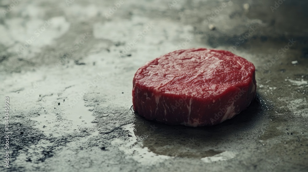 Poster raw beef steak placed on a textured concrete surface emphasizing fresh meat quality and natural colo