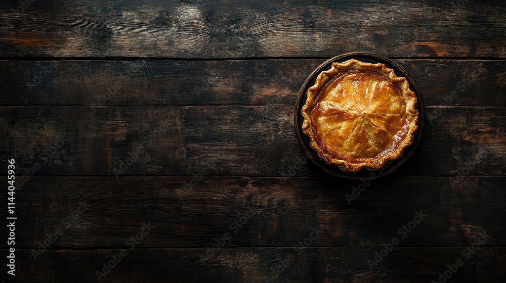 Poster rustic apple pie on a dark wooden table showcasing golden crust and baked perfection inviting a warm