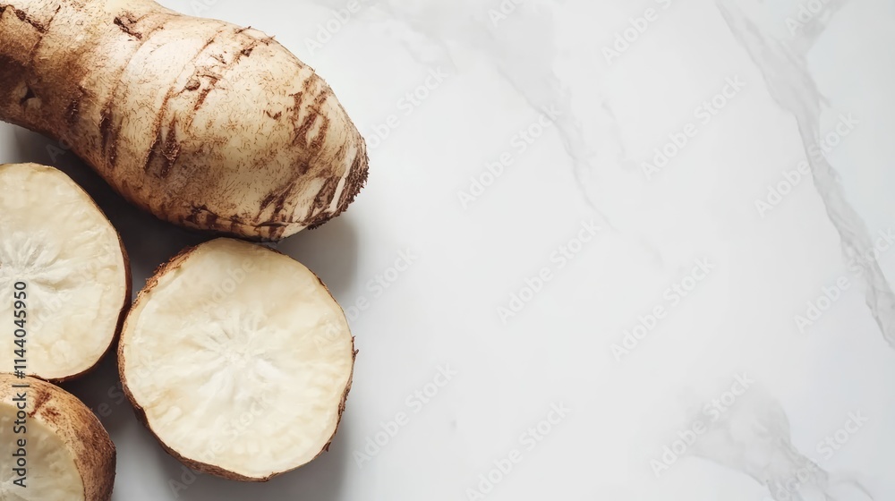 Aufkleber Freshly sliced cassava root on a light marble background showcasing its fresh texture and natural patterns with half displayed prominently.