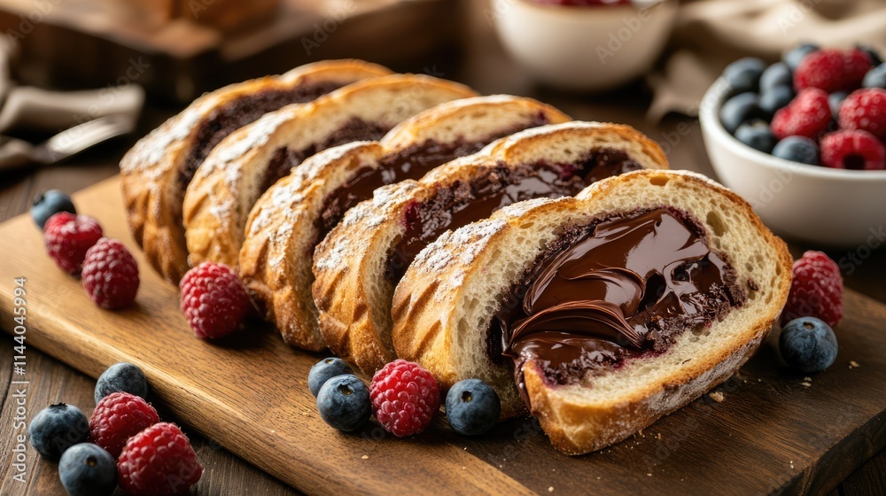 Poster Freshly sliced bread with chocolate spread and assorted berries on a wooden table for an inviting breakfast scene
