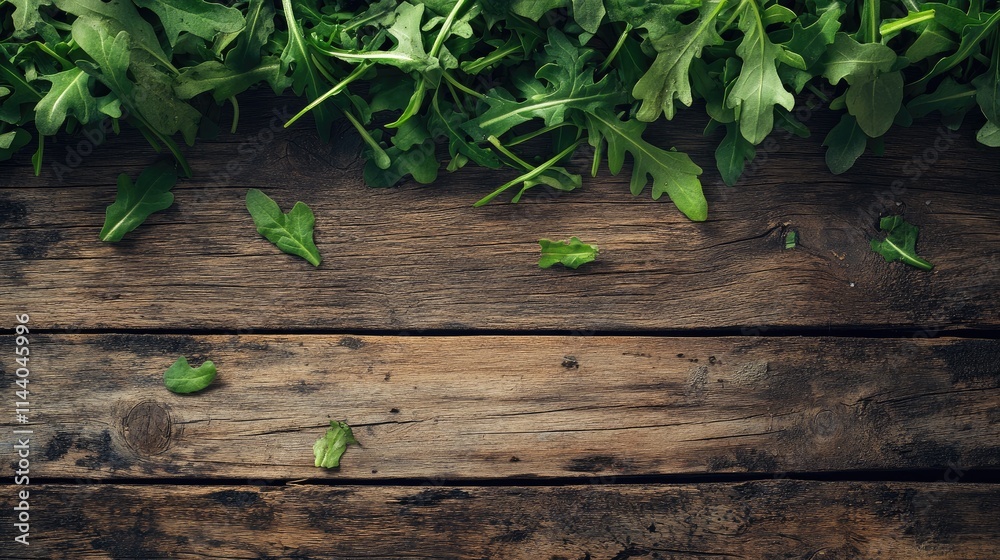 Aufkleber Fresh Arugula Leaves on Rustic Wooden Table Top View with Textured Background for Culinary and Healthy Lifestyle Concepts