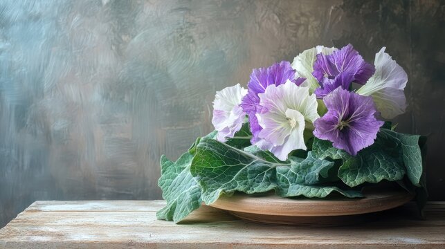 Kohlrabi with vibrant leaves and decorative purple flowers arranged on a rustic wooden table showcasing fresh produce and natural beauty