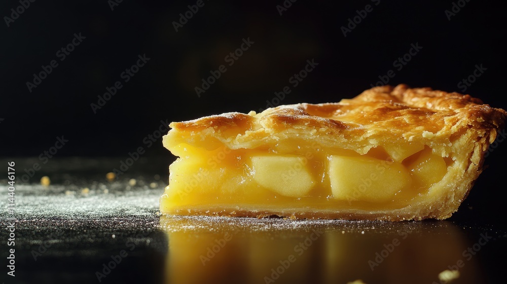 Poster delicious slice of homemade apple pie displayed on a dark table with a sprinkle of flour highlightin