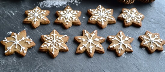 Fototapeta premium Gingerbread cookies shaped like snowflakes beautifully arranged on a dark slate surface with festive decorations for a holiday theme.