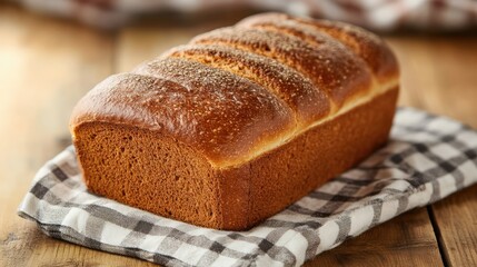 Golden brown fresh loaf of bread resting on a checkered napkin atop a rustic wooden table surface for a cozy kitchen vibe