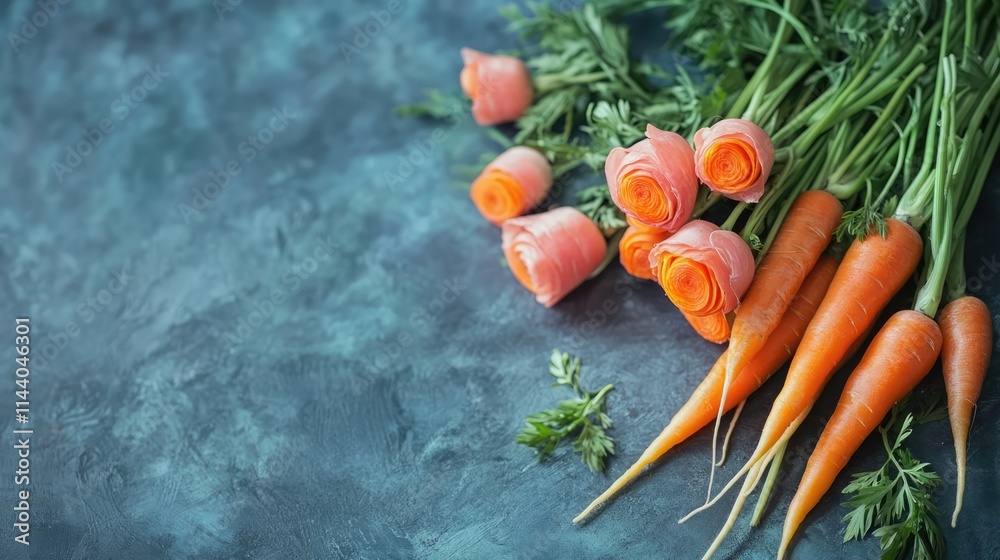 Poster fresh carrots with carrot sticks and vibrant rose-shaped carrot slices on a textured blue background