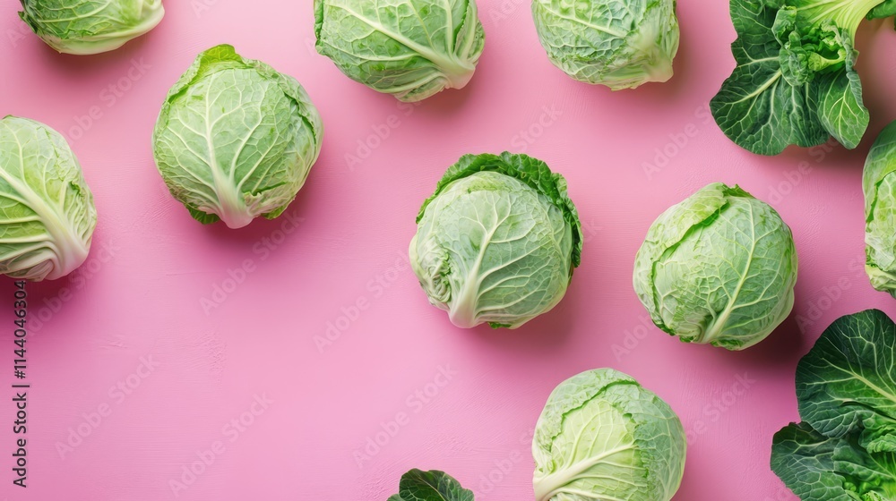 Poster Fresh green cabbages arranged attractively on a vibrant pink background showcasing their texture and freshness in a colorful display