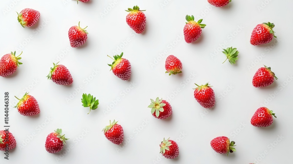 Poster Fresh ripe strawberries arranged on a white background showcasing their vibrant color and texture in a simple and appealing layout
