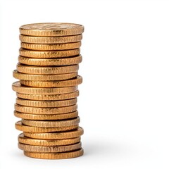 A photostock of golden coins stacked in varying heights and scattered artistically, isolated on a clean white background, rich and luxurious, High Quality