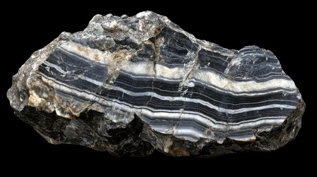 Gneiss rock sample featuring distinct foliation and banding showcasing unique texture and mineral composition on a black background